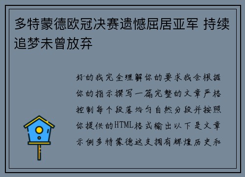 多特蒙德欧冠决赛遗憾屈居亚军 持续追梦未曾放弃
